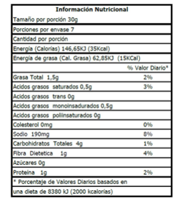 LaVerde | Chifle Chocho Chulpi 186g | Información Nutricional